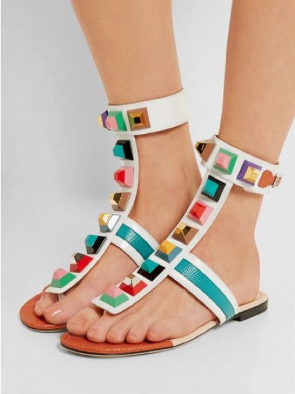 Fendi White Leather Multi-Stud Ankle Strap Flat Sandals with Multicolor Accents
